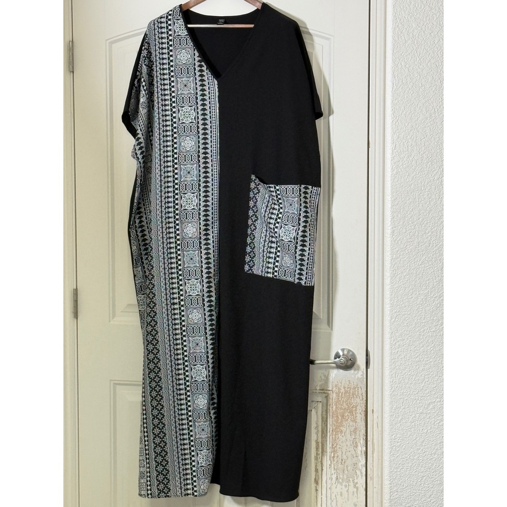 Emery Rose Black Tribal Print V-Neck Kaftan Maxi Dress Plus Size 3XL Pocket